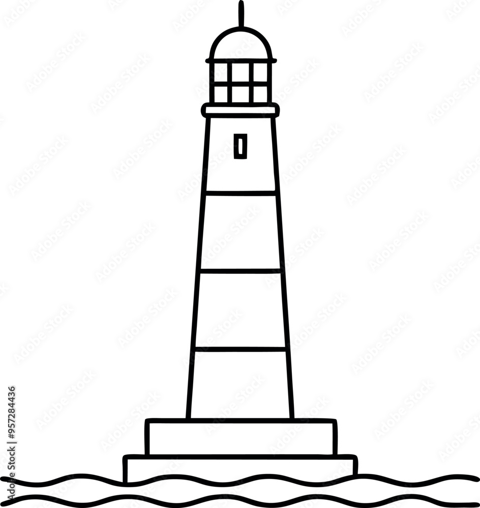 Simple Line Drawing of a Lighthouse by the Sea with Waves Simple Line Drawing of a Lighthouse by the Sea with Waves