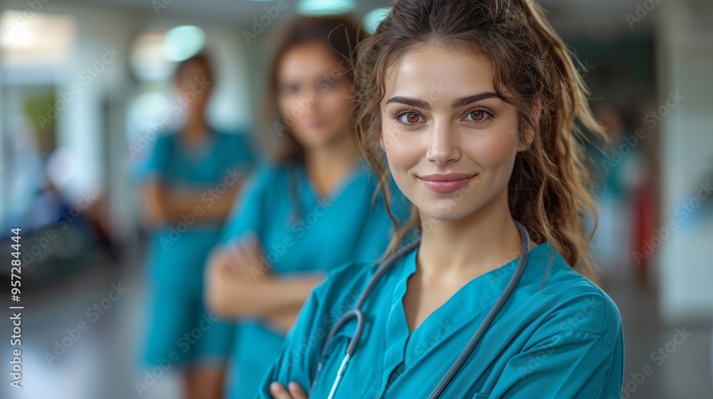 Healthcare professionals working together in a hospital environment during the day with focus on a confident nurse in scrubs Healthcare professionals working together in a hospital environment during the day with focus on a confident nurse in scrubs