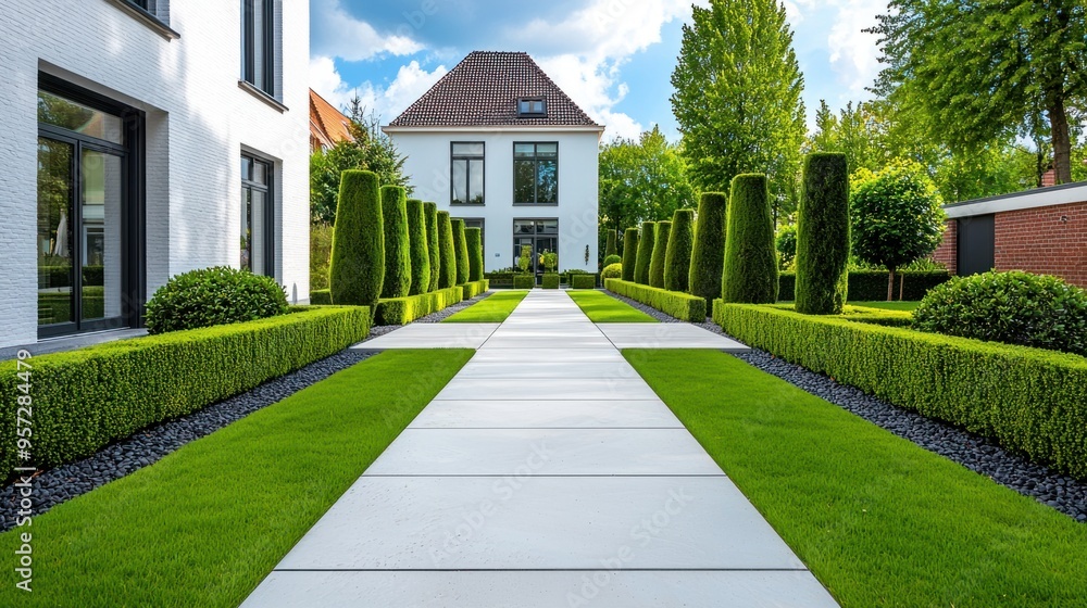 Serene Elegance: Modern Garden Oasis with Topiary Hedges and Vivid Contrasts in Leuven Cityscape Serene Elegance: Modern Garden Oasis with Topiary Hedges and Vivid Contrasts in Leuven Cityscape