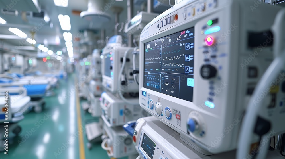 High-tech medical equipment lining a hospital ward with patient beds and monitors in a modern healthcare facility High-tech medical equipment lining a hospital ward with patient beds and monitors in a modern healthcare facility