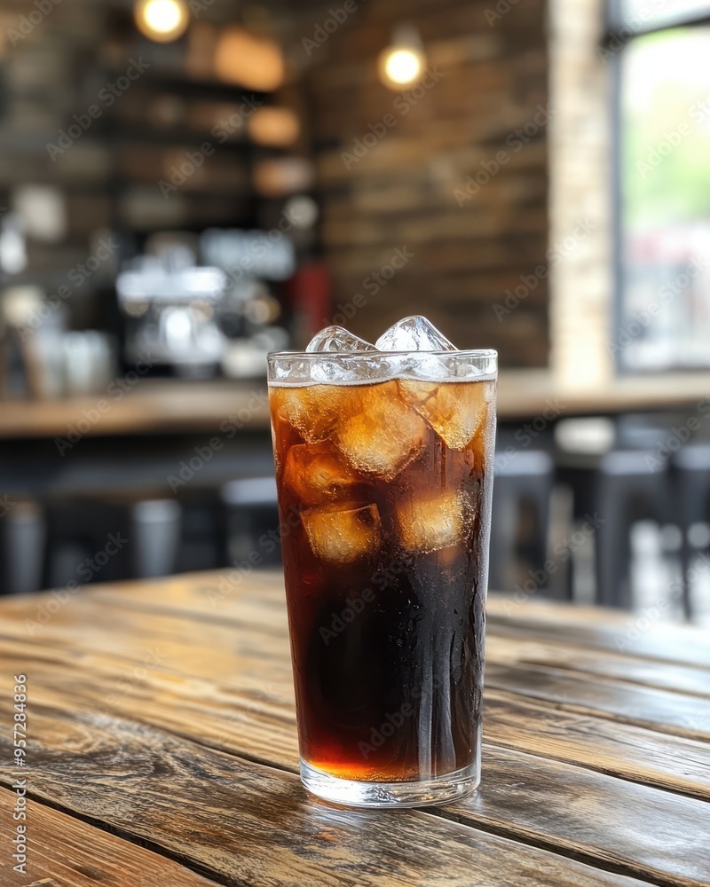 A cold brew coffee with ice cubes in a tall glass on a wooden table