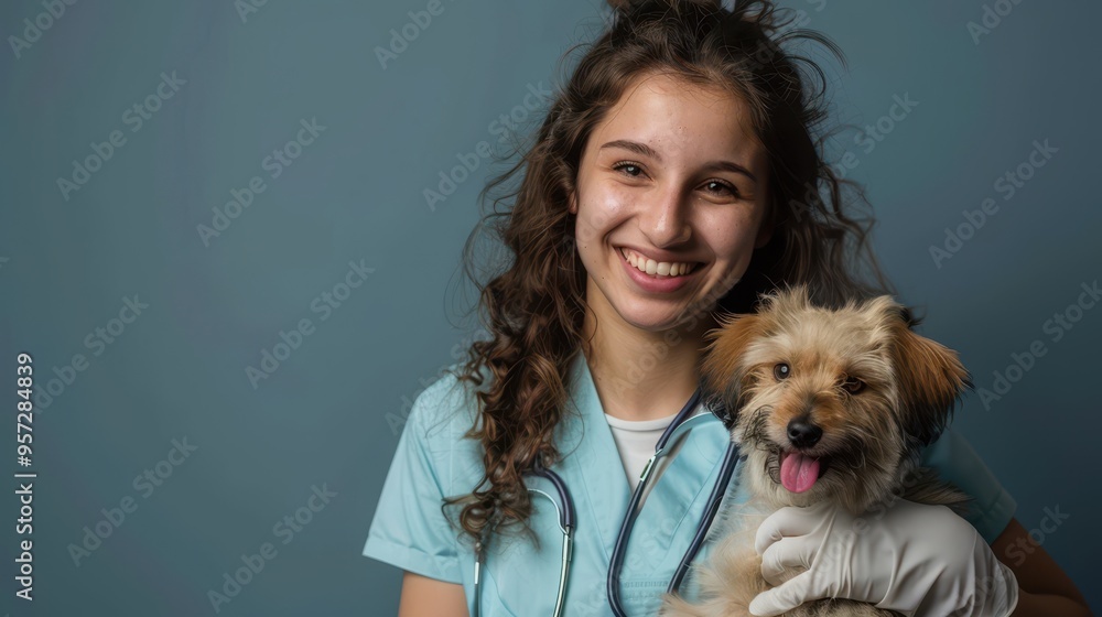 Young Female Veterinarian Smiling and Holding a Happy Small Dog in a Veterinary Clinic Young Female Veterinarian Smiling and Holding a Happy Small Dog in a Veterinary Clinic