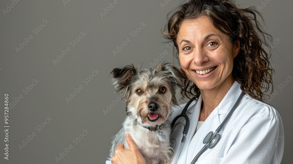 Smiling Female Veterinarian Holding a Small Dog in Her Arms Against a Gray Background