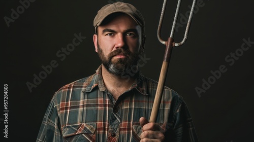 Portrait of a Bearded Man Holding a Pitchfork in Plaid Shirt and Cap Against Dark Background