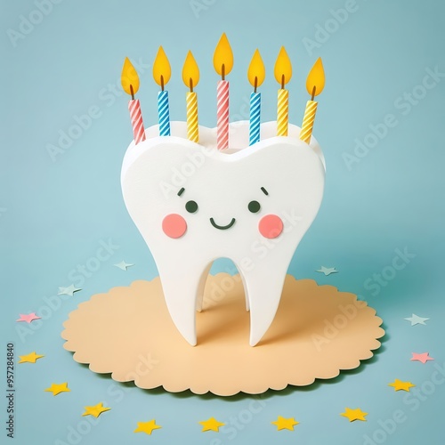 Celebrate dental health with this adorable tooth-shaped cake featuring candles. Perfect for children's dental awareness campaigns or birthday themes! photo