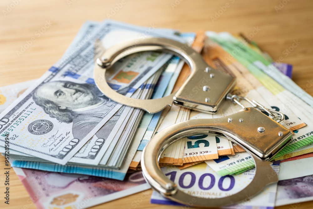 Handcuffs and a large amount of different currencies scattered on the table, concept of financial abuse, Money embezzlement, Illegal trade, Profiting from criminal activity.