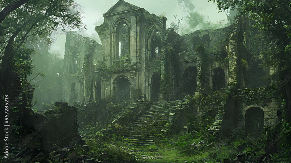 Obraz premium Old green ruins of historical building. Historical. Illustration