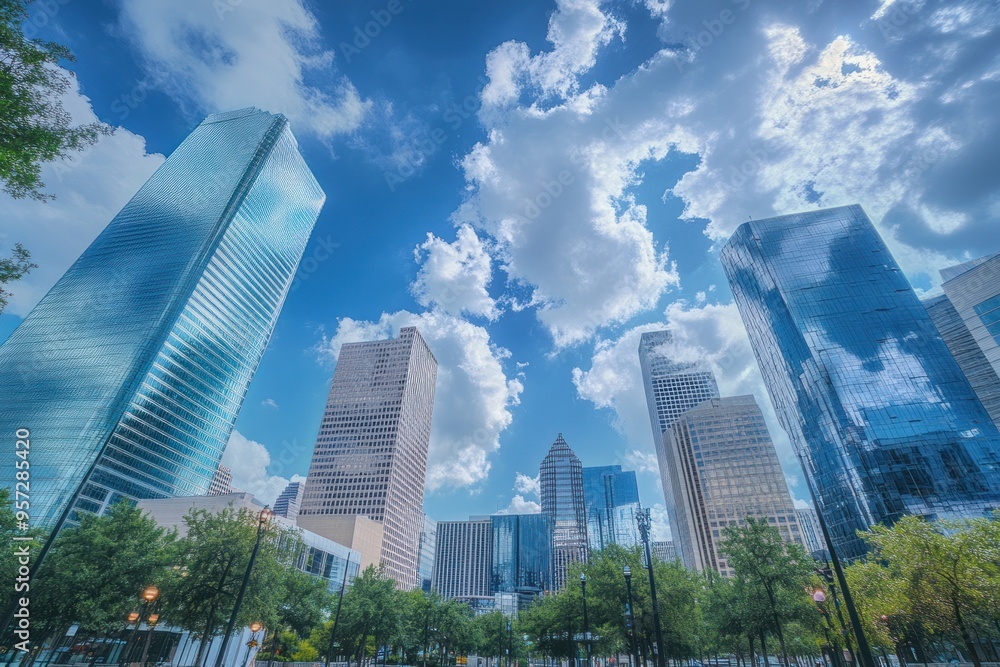 A photo of the skyline in downtown Houston, Texas with modern buildings and skyscrapers A photo of the skyline in downtown Houston, Texas with modern buildings and skyscrapers