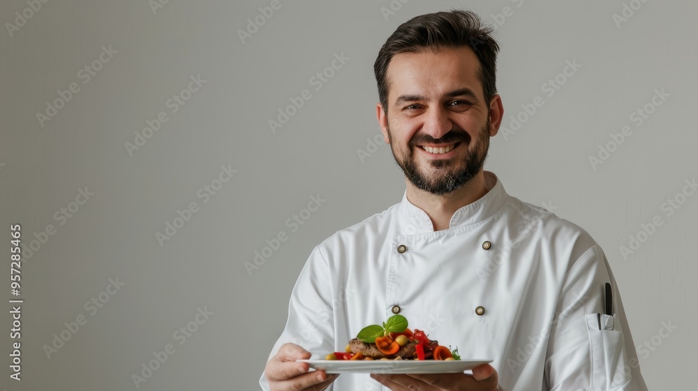Smiling Chef Holding a Plate of Freshly Prepared Food in a Professional Kitchen Setting Smiling Chef Holding a Plate of Freshly Prepared Food in a Professional Kitchen Setting