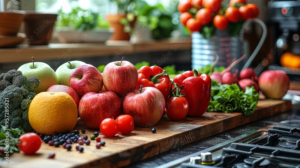 Fresh produce displayed on a wooden countertop in a bright kitchen with herbs and tomatoes in the background Fresh produce displayed on a wooden countertop in a bright kitchen with herbs and tomatoes in the background