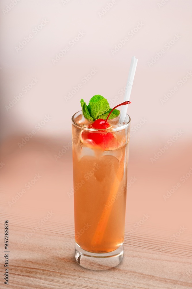 Refreshing peach tasty cold drink in glass Refreshing peach tasty cold drink in glass