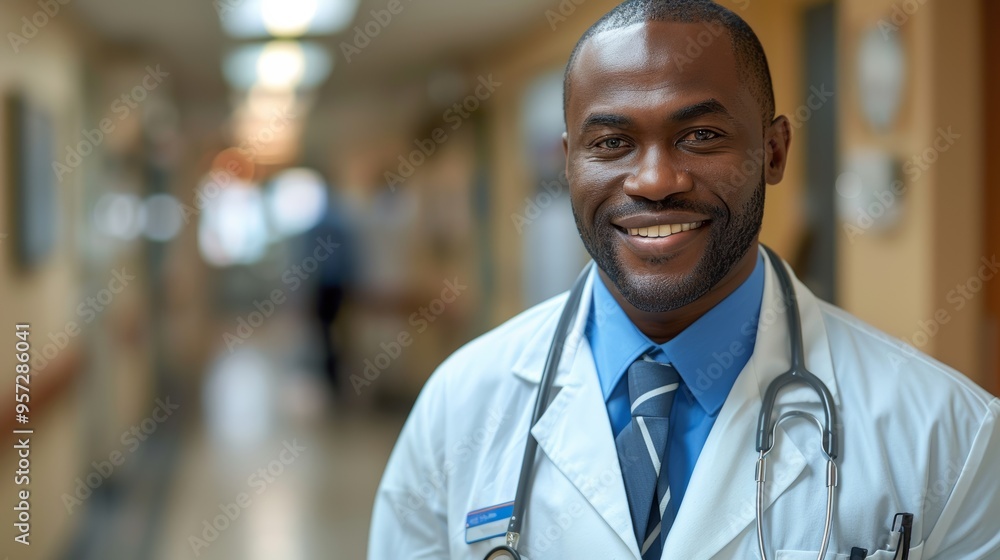 Smiling healthcare professional in a hospital hallway during daytime, showcasing dedication and a welcoming presence Smiling healthcare professional in a hospital hallway during daytime, showcasing dedication and a welcoming presence