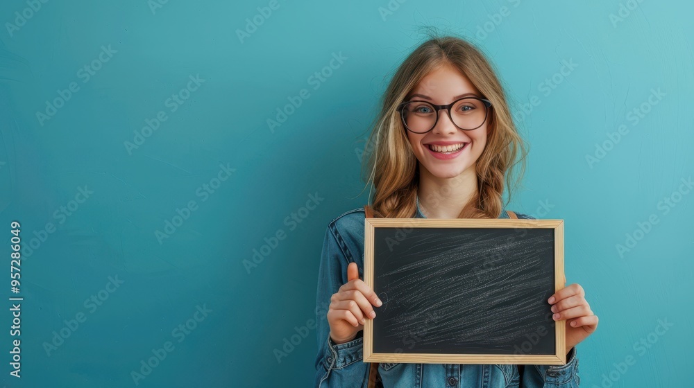 Cheerful Young Woman Holding Blank Chalkboard Against Blue Background for Customizable Message Cheerful Young Woman Holding Blank Chalkboard Against Blue Background for Customizable Message