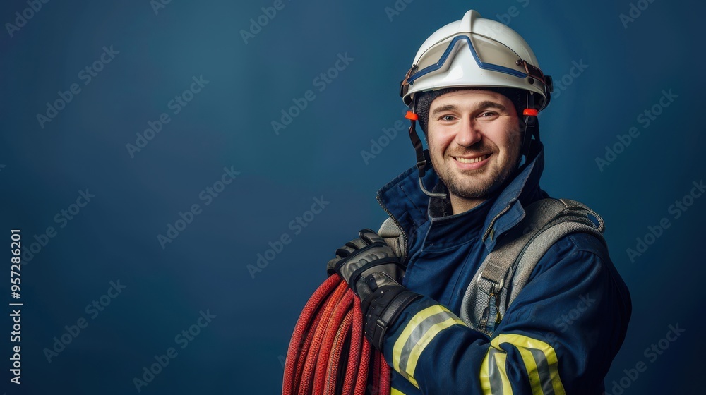 Portrait of a Smiling Firefighter in Uniform Holding a Fire Hose Against a Blue Background Portrait of a Smiling Firefighter in Uniform Holding a Fire Hose Against a Blue Background