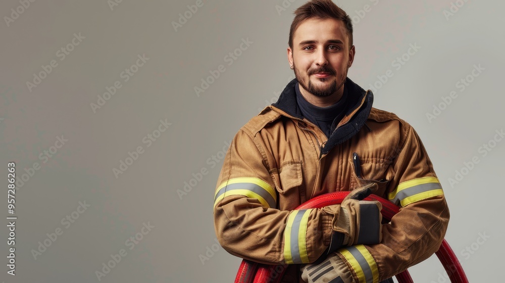 Portrait of a Confident Firefighter Holding a Hose in Uniform Against a Neutral Background Portrait of a Confident Firefighter Holding a Hose in Uniform Against a Neutral Background