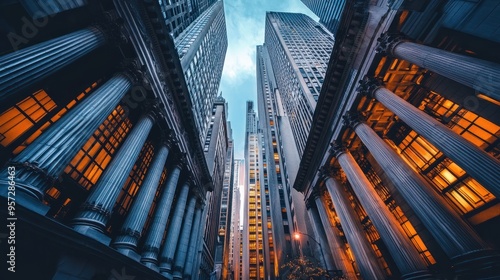 A crowded financial district with skyscrapers, stock ticker running along the buildings