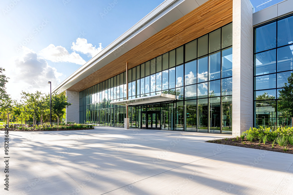a modern charity building facade with large windows reflecting the bright sunlight a modern charity building facade with large windows reflecting the bright sunlight