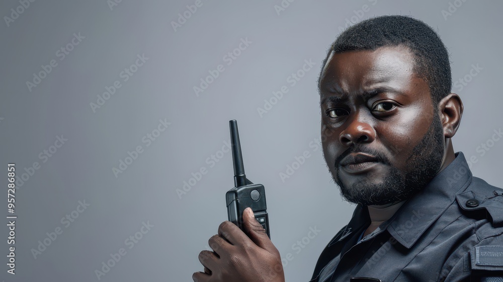 Confident Security Guard Holding Walkie-Talkie in Professional Uniform Against Gray Background