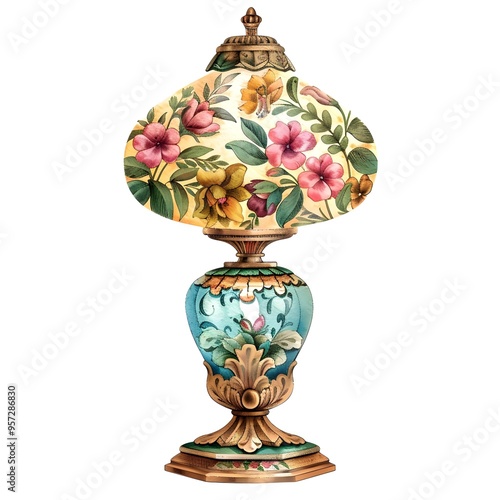 Antique English vintage flower Lamp, isolated , white background , connected line , vector illustration art design ancient archaic olden luxury classic realistic 
