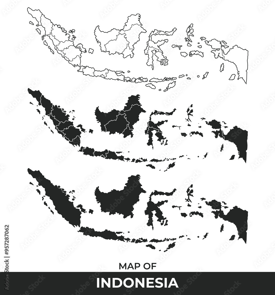 Obraz premium Black map of Indonesia flat and outline style vector illustration set