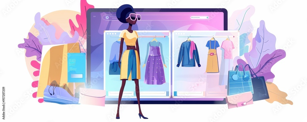 Digital shopping concept with a stylish fashion model in front of an online clothing store interface. Digital shopping concept with a stylish fashion model in front of an online clothing store interface.
