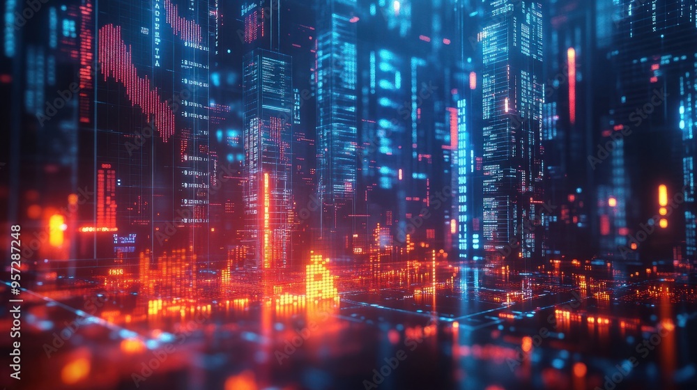 A detailed visualization of stock market trends in a futuristic financial hub A detailed visualization of stock market trends in a futuristic financial hub