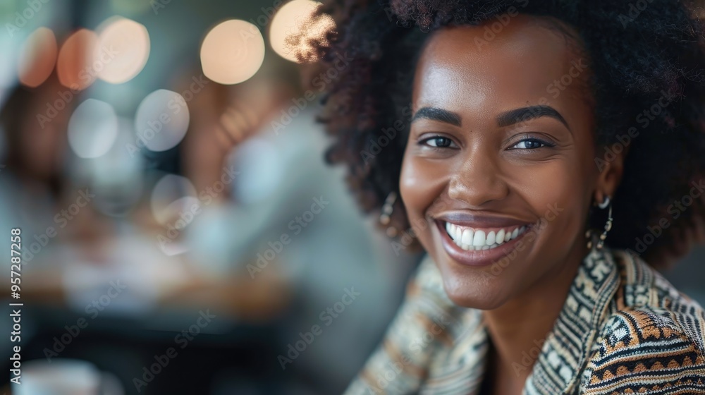 Bright Smiling Woman in Modern Cafe with Warm Lighting and Bokeh Background Bright Smiling Woman in Modern Cafe with Warm Lighting and Bokeh Background