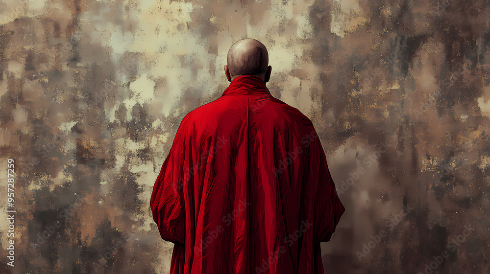 Naklejka premium View of a historical figure in a red robe from behind against a textured, muted background. Historical. Illustration