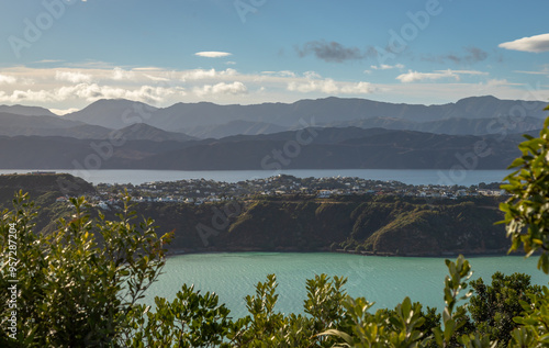 Exposure of New Zealand's Capital Wellington, namely its Central Business District viewed from Mount Victoria, at day time on a beautiful sunny day, Australia photo