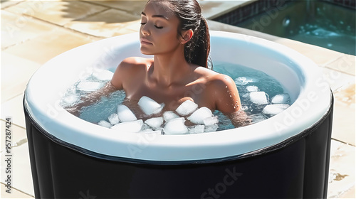 Relaxed woman enjoying ice bath pod outdoors for refreshment and recovery.