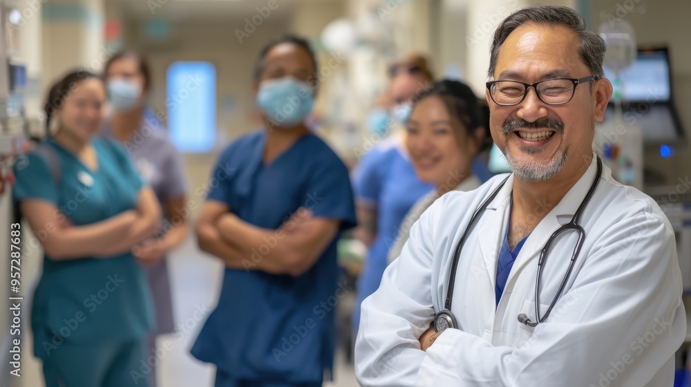 Diverse Medical Team Smiling and Posing in Hospital Corridor with Medical Equipment in Background Diverse Medical Team Smiling and Posing in Hospital Corridor with Medical Equipment in Background