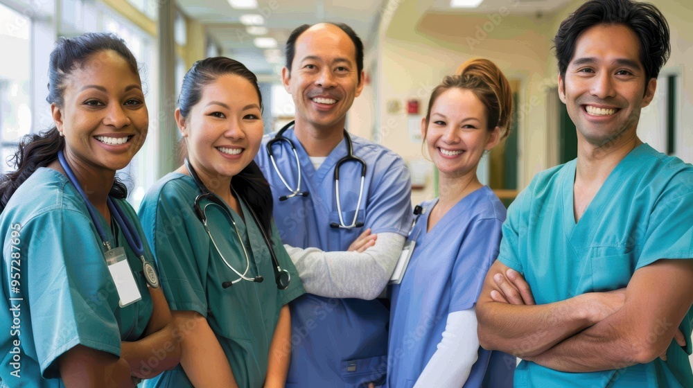 Diverse Group of Medical Professionals Smiling in a Hospital Setting, Wearing Scrubs and Stethoscopes Diverse Group of Medical Professionals Smiling in a Hospital Setting, Wearing Scrubs and Stethoscopes