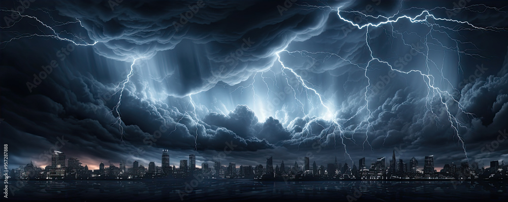 In the eye of storm. Lightning storm over city in dakr blue light. thunderstorm flash