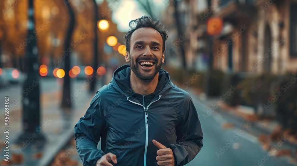 Fototapeta premium Smiling Man Jogging on Urban Street in Autumn, Wearing Sports Jacket, Enjoying Outdoor Exercise