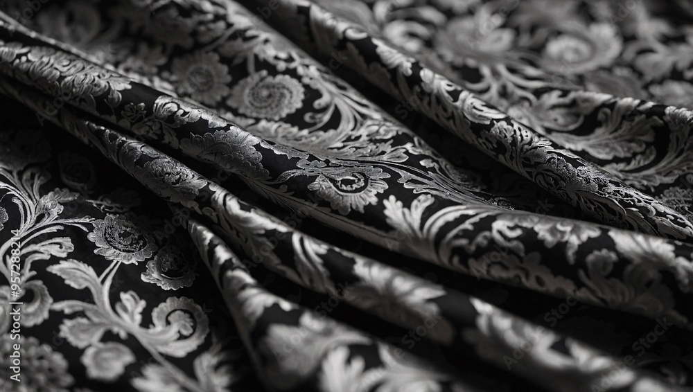 Soft black and white silk fabric with luxurious patterns. Soft black and white silk fabric with luxurious patterns.