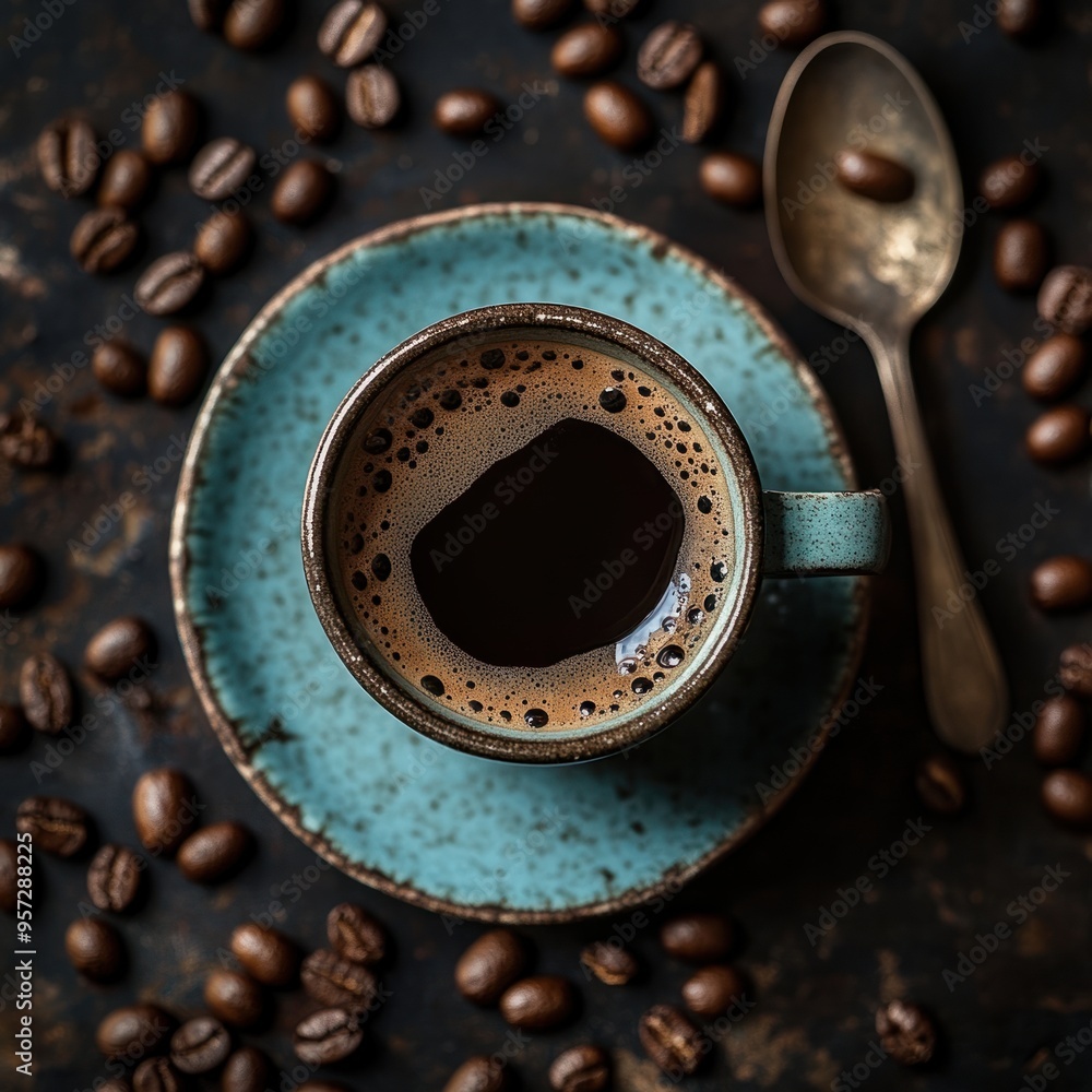 A flat lay of a coffee cup surrounded by coffee beans and a vintage spoon A flat lay of a coffee cup surrounded by coffee beans and a vintage spoon