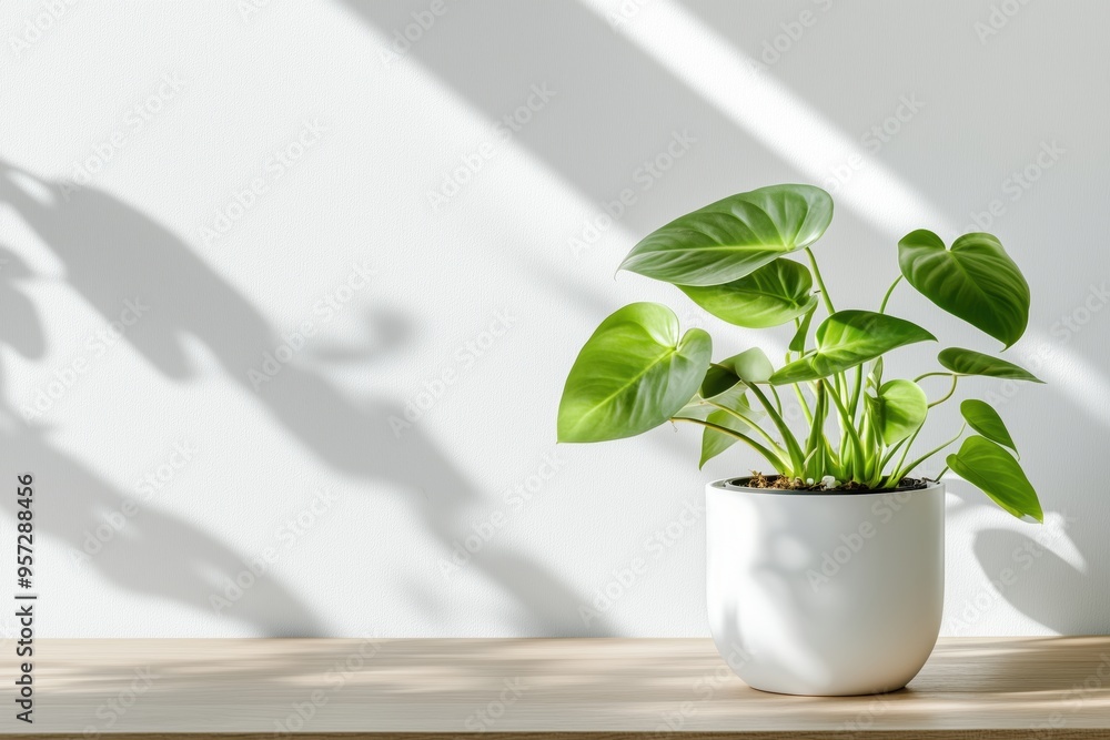Little green monstera plant or swiss cheese plant potted in white pot isolated on a wooden table with white wall. Sun light. Background with copy space on the left. Little green monstera plant or swiss cheese plant potted in white pot isolated on a wooden table with white wall. Sun light. Background with copy space on the left.