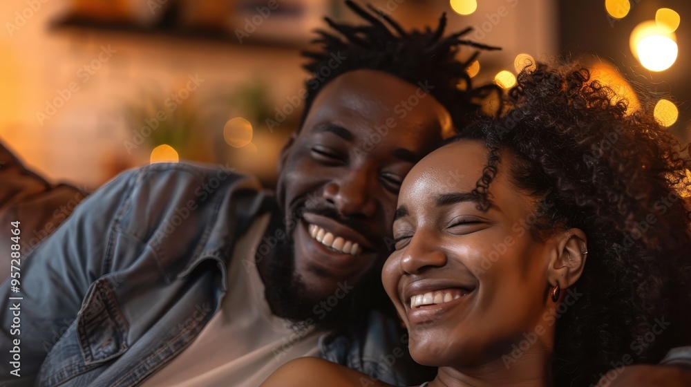 Happy Couple Relaxing on Couch with Warm Lighting in Cozy Living Room Happy Couple Relaxing on Couch with Warm Lighting in Cozy Living Room