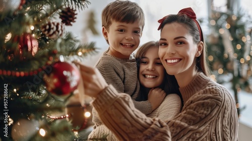 Happy Family Decorating Christmas Tree Together in Cozy Living Room with Festive Ornaments and Lights