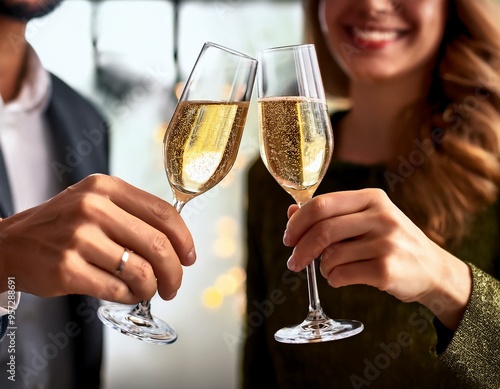 Primer plano de dos personas realizando un brindis con dos copas de champán/champagne; brindis, celebración photo