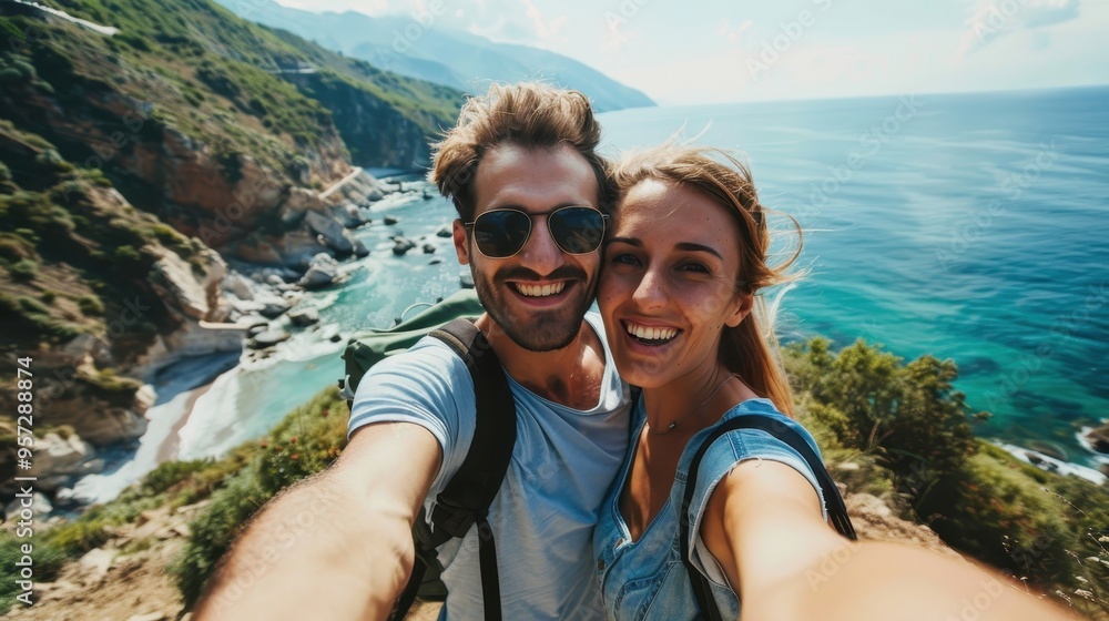 Happy Couple Taking a Selfie on a Scenic Coastal Hike with Ocean and Mountain Views Happy Couple Taking a Selfie on a Scenic Coastal Hike with Ocean and Mountain Views