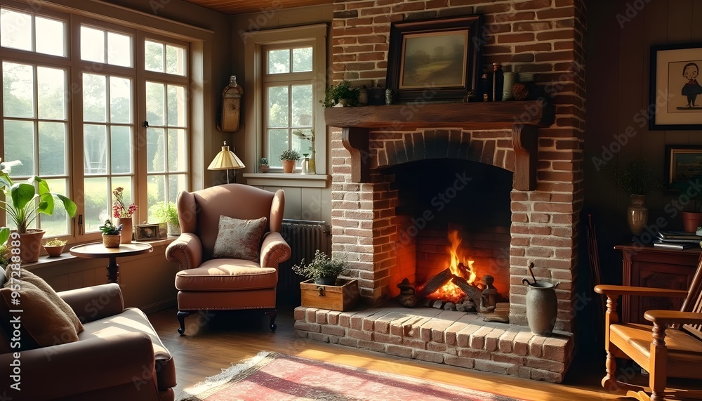 Inviting living room featuring a comfortable seating area, a roaring fireplace, large windows overlooking greenery, and a richly decorated carpet on the floor. Inviting living room featuring a comfortable seating area, a roaring fireplace, large windows overlooking greenery, and a richly decorated carpet on the floor.
