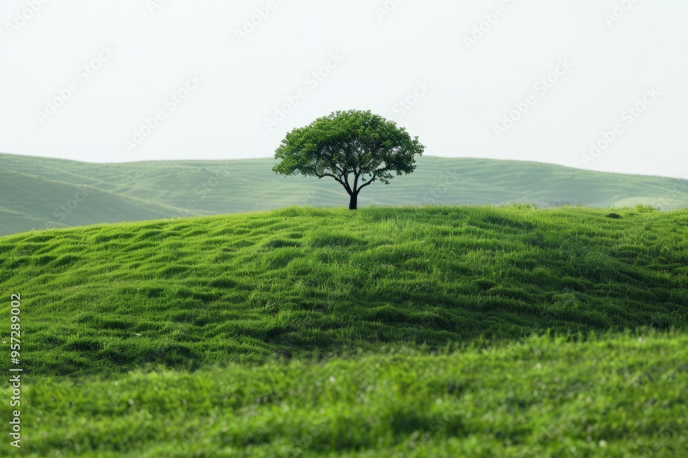 Lonely tree standing on a hill in green hills landscape Lonely tree standing on a hill in green hills landscape