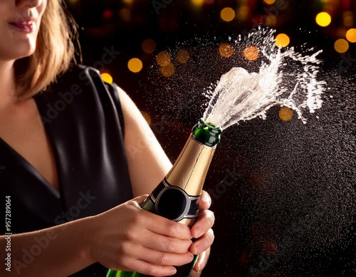 Primer plano de una botella de champán/champagne con el tapón saliendo disparado; fiestas, celebraciones