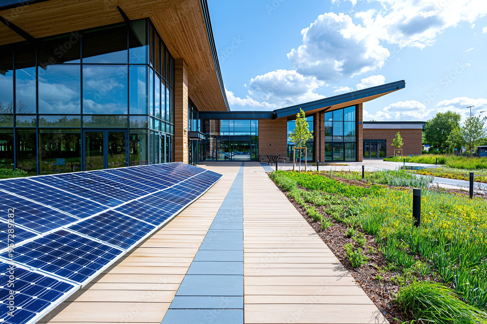 a charity building's exterior, focusing on its eco-friendly features such as solar panels and green roof a charity building's exterior, focusing on its eco-friendly features such as solar panels and green roof
