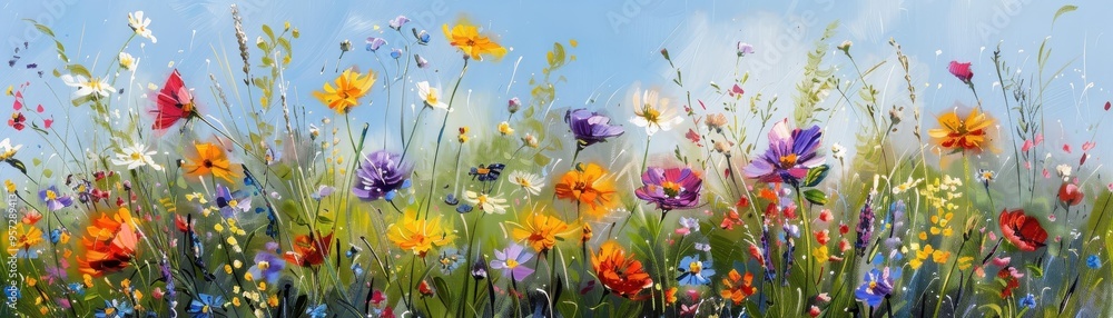 A vibrant meadow of colorful wildflowers in full bloom against a clear blue sky, showcasing nature's beauty and diversity in a panoramic view. A vibrant meadow of colorful wildflowers in full bloom against a clear blue sky, showcasing nature's beauty and diversity in a panoramic view.