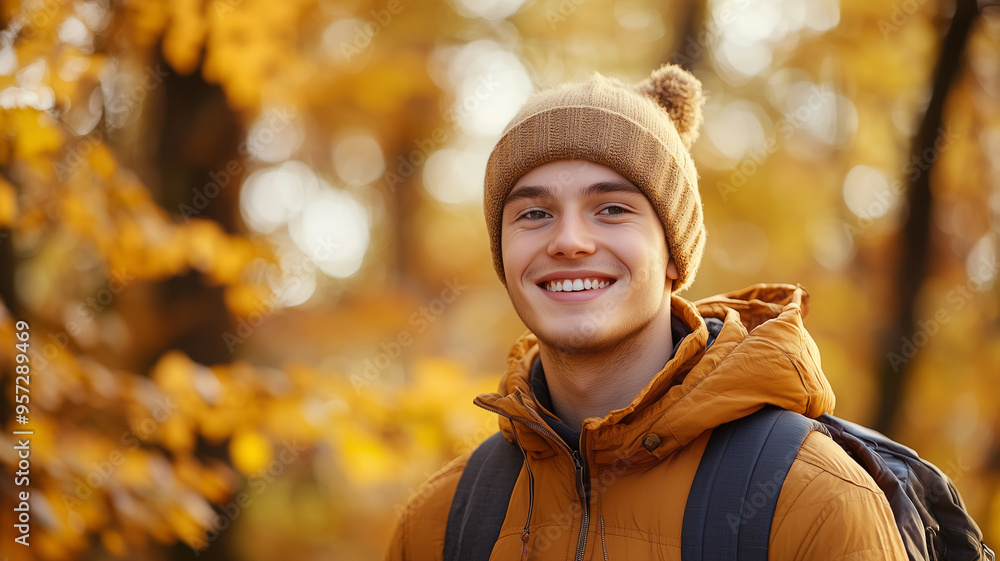 Portrait of young happy smiling caucasian man in autumn park, positive cheerful young man enjoying a walk outdoors in autumn forest. Active lifestyle, good health. Enjoying outdoors. Portrait of young happy smiling caucasian man in autumn park, positive cheerful young man enjoying a walk outdoors in autumn forest. Active lifestyle, good health. Enjoying outdoors.