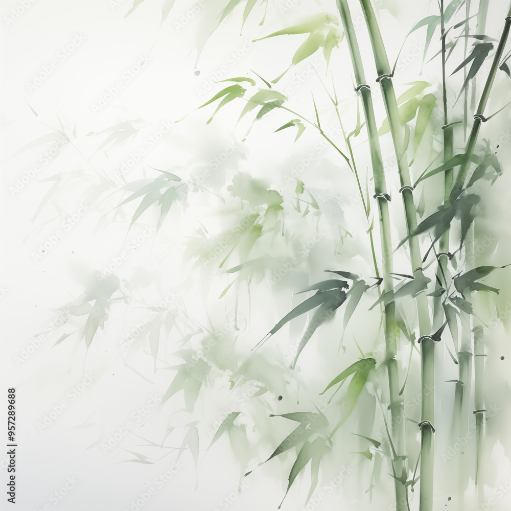 Naklejka premium Elegant bamboo stalks and leaves with a soft watercolor effect on a light and airy background
