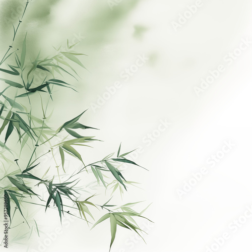 Delicate bamboo leaves against a soft green and white background, creating a serene and tranquil atmosphere