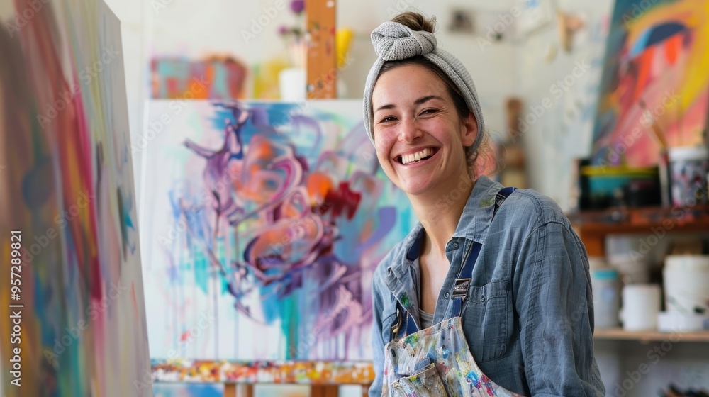 Smiling Female Artist in Studio with Colorful Abstract Paintings and Art Supplies Smiling Female Artist in Studio with Colorful Abstract Paintings and Art Supplies